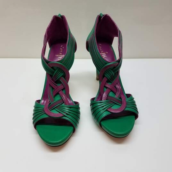 Cole HaanSandal Vivian Twist Purple & Green High Heel Open Toe 8 B Zip - Picture 1 of 6